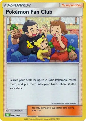 Pokémon TCG Classic-trænerkort Pokémon Fan Club 022/034 fra Venusaur Deck med retroillustration af glade fans og to Pokémon, samt engelske tekster.