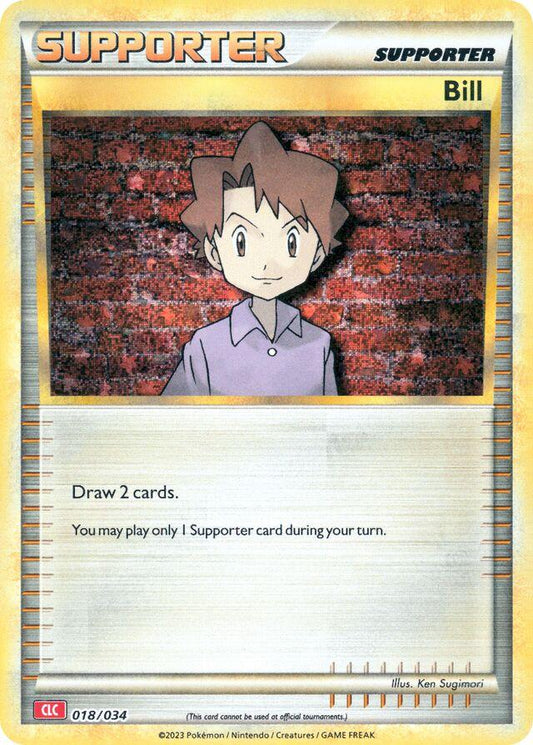 Bill 018/034 Supporter-kort fra Pokémon TCG Classic Charizard Deck, med holografisk artwork af Bill foran en computerterminal i retro Pokémon-laboratoriestil.