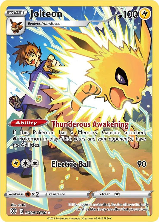Jolteon er et Ultra Rare kort fra Pokemon SWSH Brilliant Stars serien. Kortet har nummer TG04/TG30.