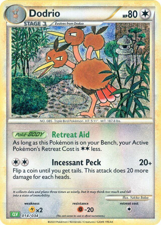 Pokémon TCG Classic-kort af Dodrio 014/034 fra Venusaur Deck med retroillustration af Dodrio i fuld fart med alle tre hoveder fokuseret og klar til kamp.