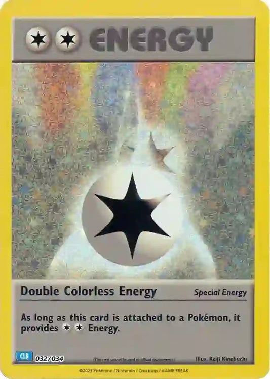 Double Colorless Energy 032/034 Special Energy-kort fra Pokémon TCG Classic Blastoise Deck, med holografisk artwork af to glødende energisymboler i hvidt og sølv.