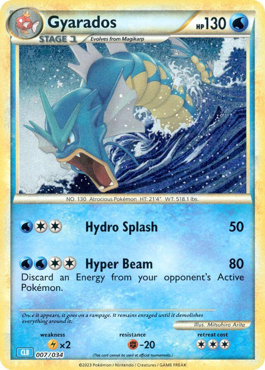 Holografisk Gyarados Pokémon-kort 007/034 fra 2023 Classic Blastoise Deck – vandtype med retro artwork og foil-