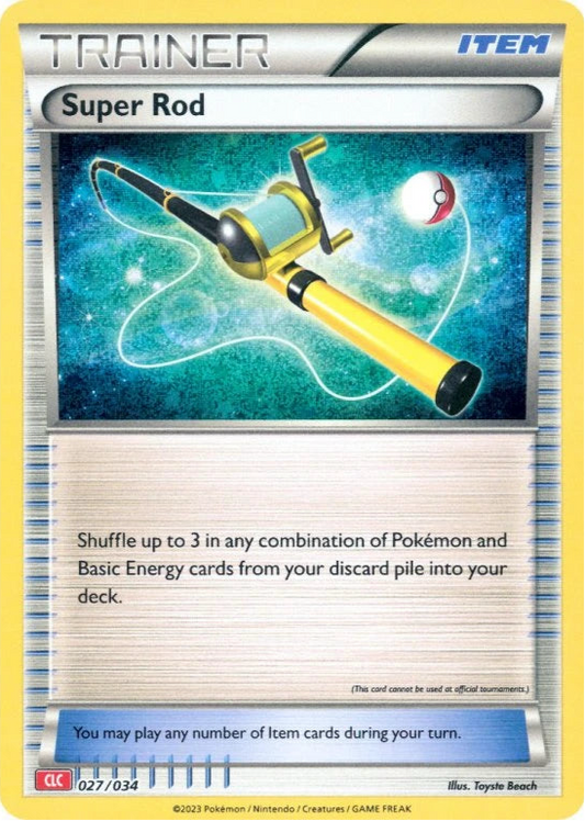 Super Rod 027/034 Trainer-kort fra Pokémon TCG Classic Charizard Deck, med illustration af en fiskestang, der trækker en Poké Ball op fra vandet.