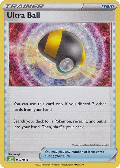 Ultra Ball 030/034 Trainer-kort fra Pokémon TCG Classic Venusaur Deck, med artwork af en Ultra Ball omgivet af lysglimt og energibølger, der symboliserer kraftfuld søgning.