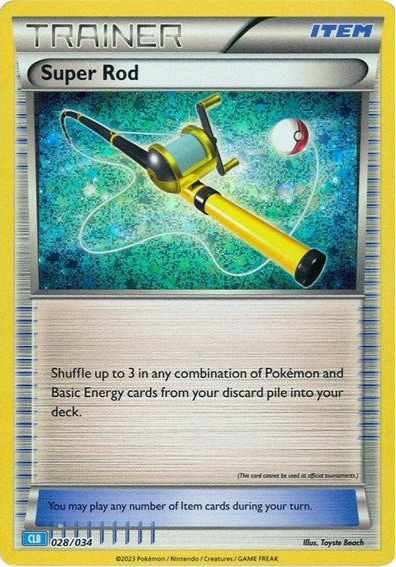 Super Rod 027/034 Trainer-kort fra Pokémon TCG Classic Bladtoise Deck, med illustration af en fiskestang, der trækker en Poké Ball op fra vandet.