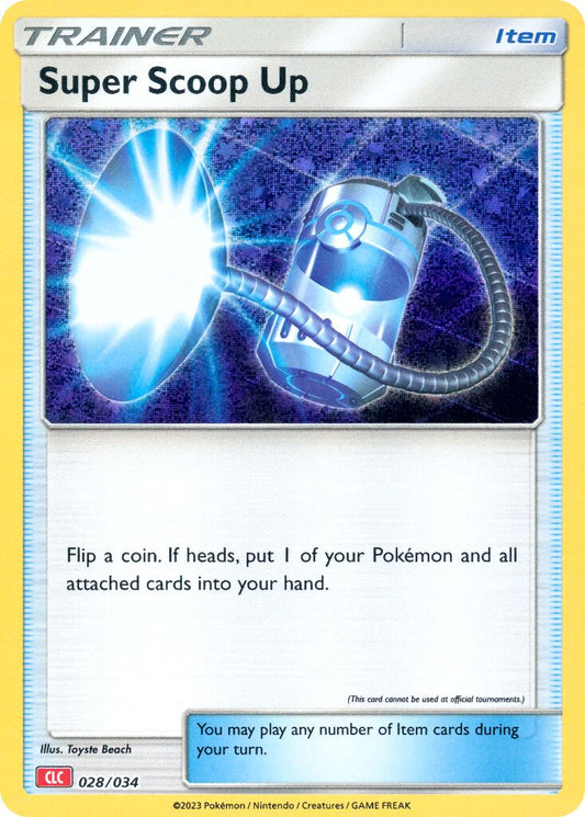 Pokémon TCG Classic-trænerkort Super Scoop Up 028/034 fra Charizard Deck med retroillustration af en Poké Ball i bevægelse og engelske tekster.