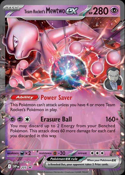 Team Rocket’s Mewtwo ex er et Black Star Promo fra Pokemon SV10 Destined Rivals serien. Kortet er udgivet eksklusivt i Team Rocket Mewtwo Ex box. Kortet har nummer 205. Kortet er i god stand (Nea Mint eller bedre).