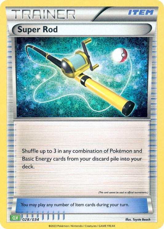 Super Rod 0278/034 Trainer-kort fra Pokémon TCG Classic Venusaur Deck, med illustration af en fiskestang, der trækker en Poké Ball op fra vandet.
