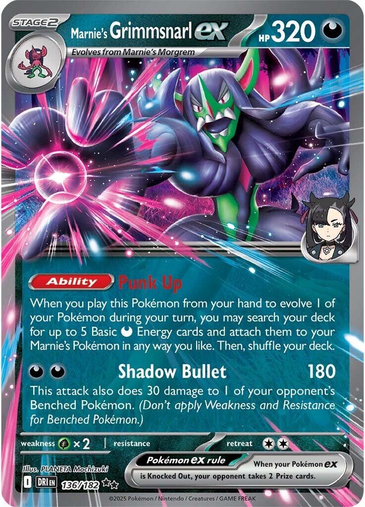 Marnie’s Grimmsnarl ex er et Double Rare | Super Rare ex (SV) pokemon kort fra SV10 Destined Rivals serien og har nummer 136/182.