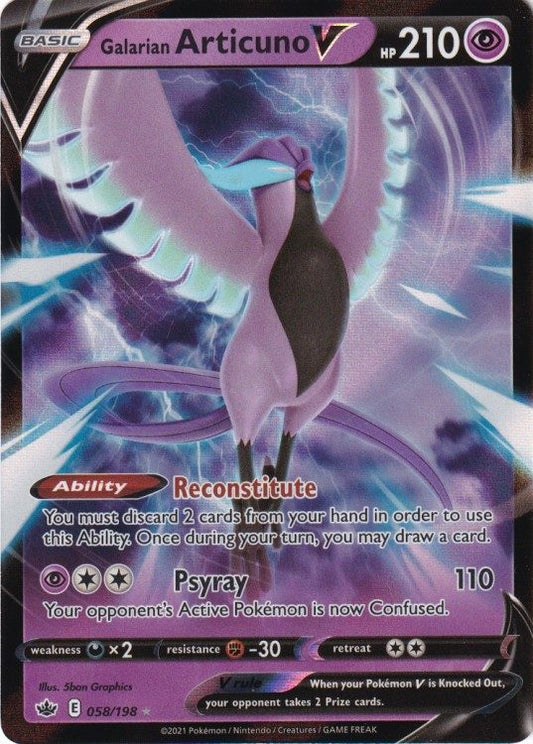 Galarian Articuno V fra Chilling Reign! Ultra sjældent kort med kraftfulde angreb og evnen 'Reconstitute'. Perfekt til din Pokémon TCG-strategi!"

And here’s an alt text suggestion:

Pokémon Galarian Articuno V – 058/198 fra Chilling Reign, ultra sjældent kort med evnen 'Reconstitute' og angrebet 'Psyray' til strategiske kampe.