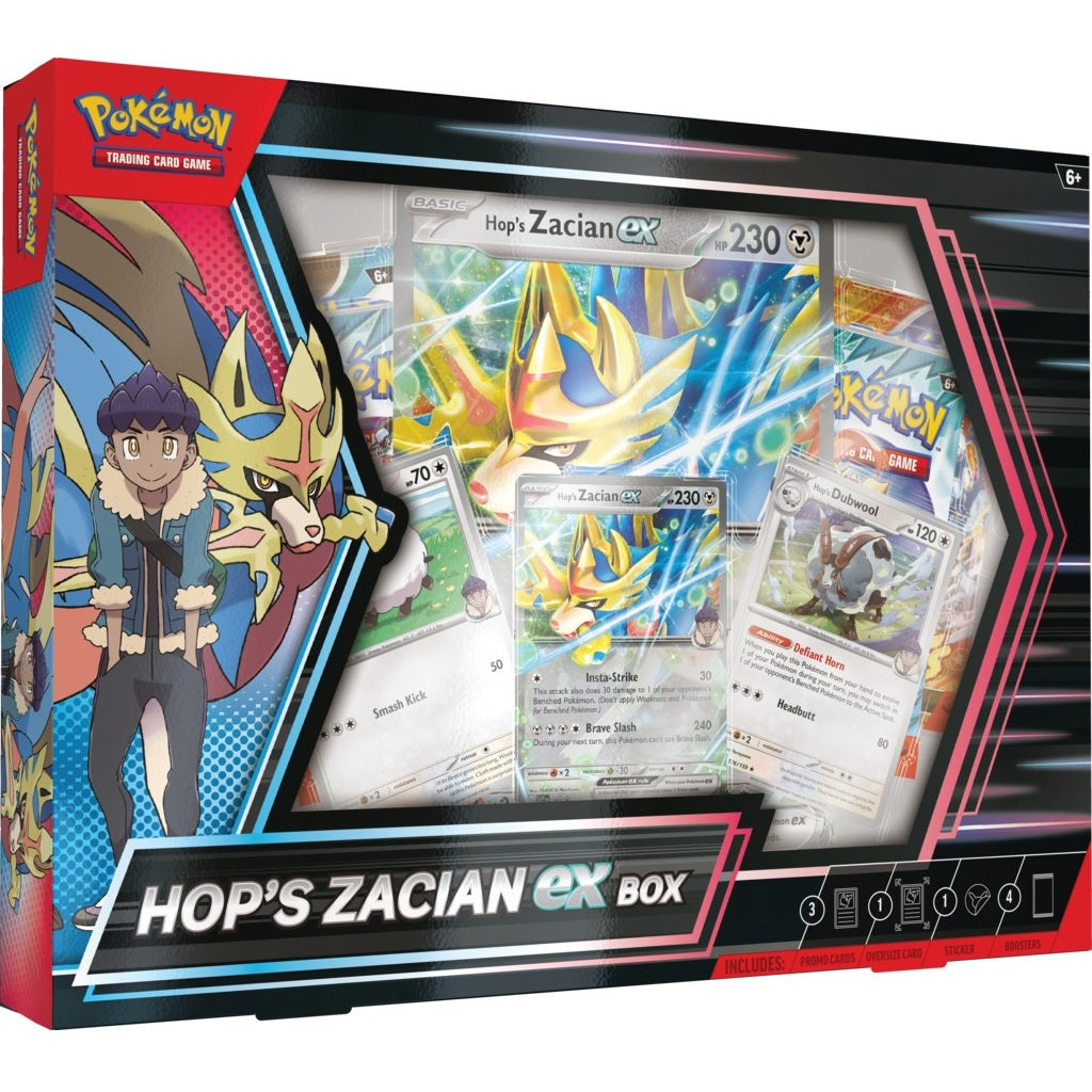 Hop’s Zacian ex Box indeholder 1 foil promo-kort, 2 foil kort, 1 oversize foil kort, 4 boosterpakker og en kode til Pokémon TCG Live.