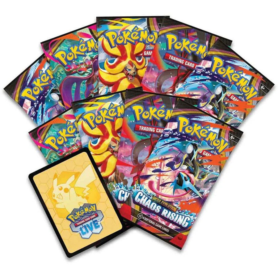 Mega Evolution Chaos Rising Elite Trainer Box ME04 Pokémon samleboks med boosterpakker.