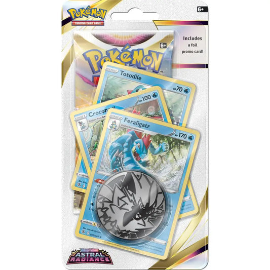 Premium Pokémon Astral Radiance blister med Feraligatr‑promo, mønt og boosterpakke. Perfekt til samlere og spillere.