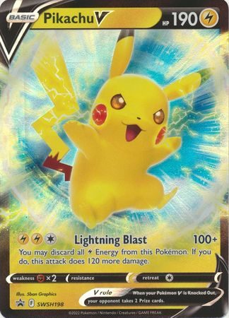 Pokémon Pikachu V SWSH198 – et dynamisk promo-kort med kraftfulde evner og flot design.