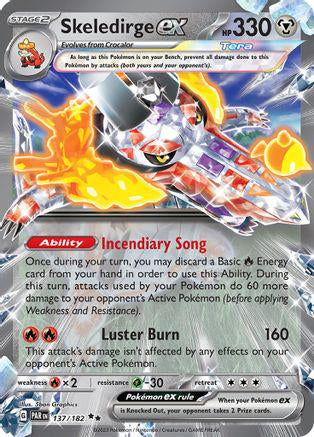 Pokémon Skeledirge ex 137/182 – imponerende Double Rare-kort med stærke evner og flot holo-design fra Paradox Rift-serien.