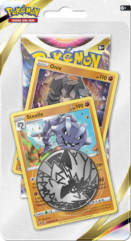 Premium Pokémon Astral Radiance blister med Steelix-promo, mønt og boosterpakke. Perfekt til samlere og spillere.