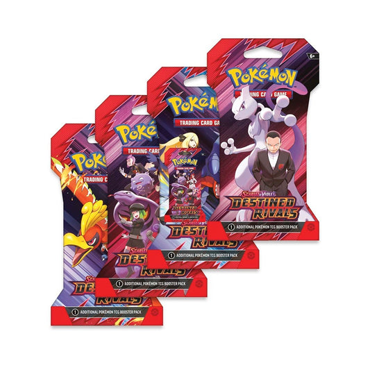 Pokémon SV10 Destined Rivals - 4 Sleeved Booster-pakker Art Sæt – et sæt med fire boosterpakker, hver med unikt artwork og 10 tilfældige kort!