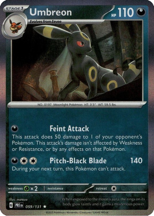 Umbreon er et Rare Holo kort fra Pokemon SV08.5 Prismatic Evolutions serien. Kortet har nummer 059/131.