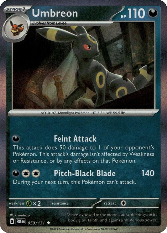 Umbreon er et Rare Holo kort fra Pokemon SV08.5 Prismatic Evolutions serien. Kortet har nummer 059/131.
