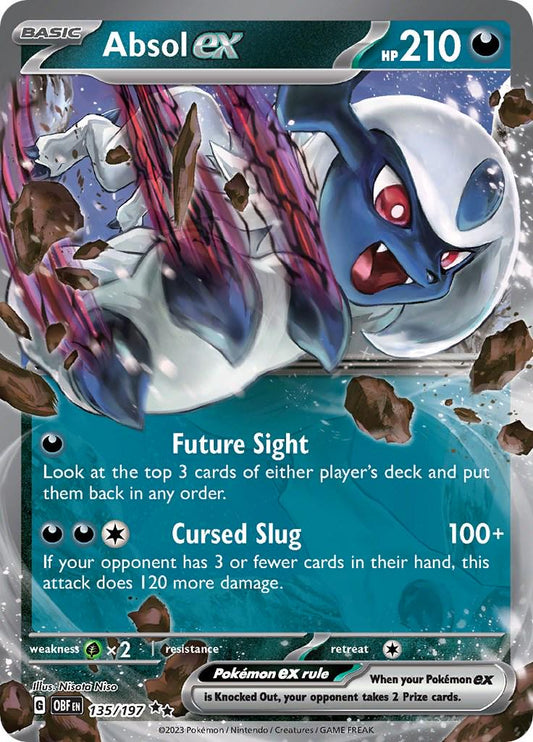 Absol ex er et Double Rare / Super Rare ex kort fra Pokemon SV03 Obsidian Flames serien. Kortet har nummer 135/197.