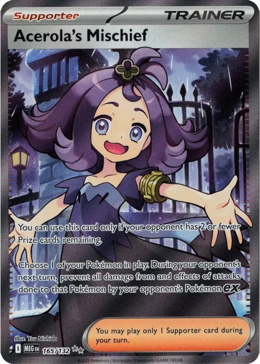 Acerola’s Mischief er et Ultra Rare kort fra ME01 Mega Evolution serien. Kortet har nummer 165/132.