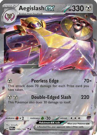 Aegislash ex er et Double Rare / Super Rare kort fra Pokemon SV04 Paradox Rift serien. Kortet har nummer 135/182.