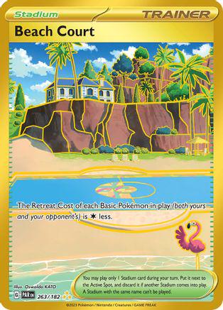 Beach Court er et Hyper Rare / Secret Rare kort fra Pokemon SV04 Paradox Rift serien. Kortet har nummer 263/182.
