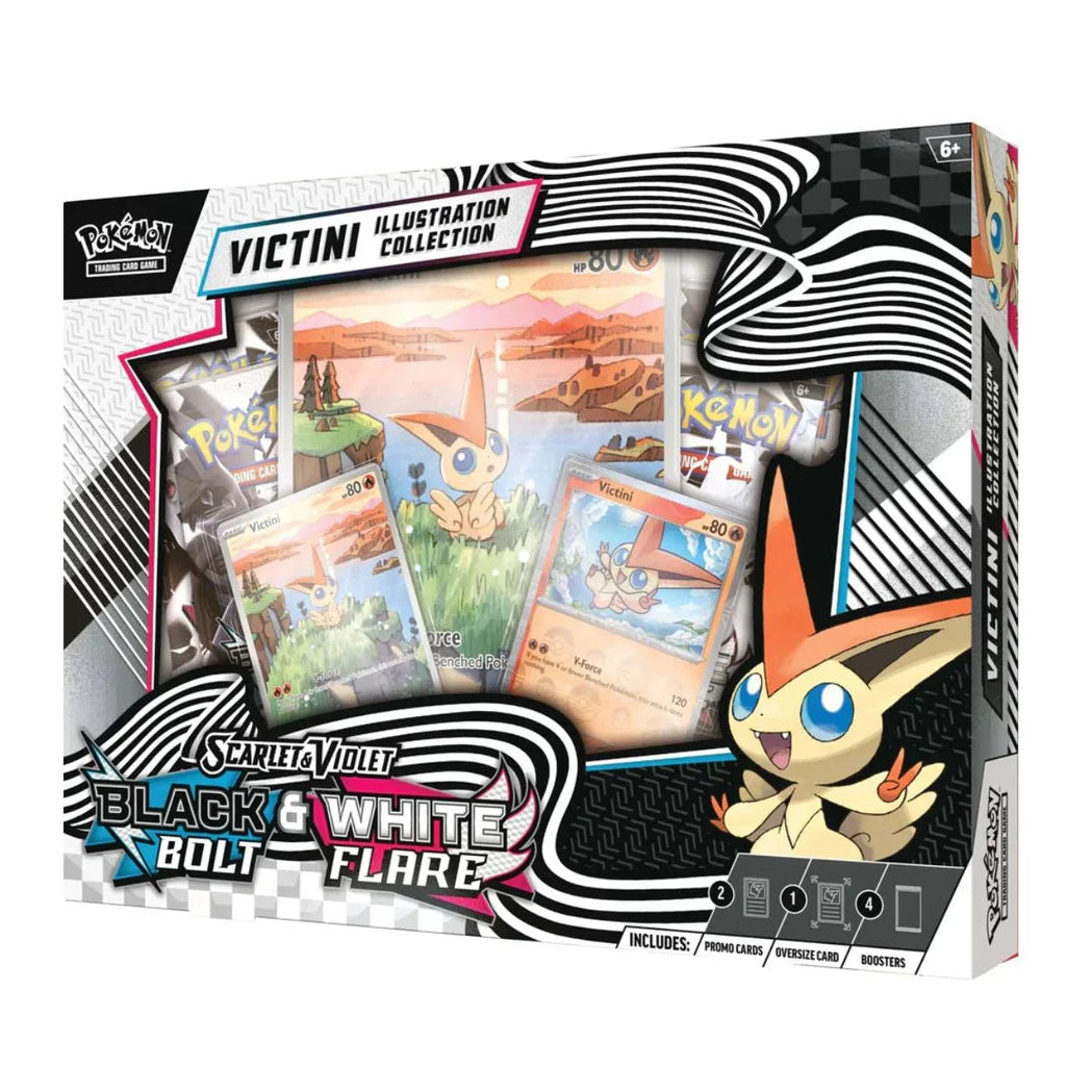 Black Bolt & White Flare Victini illustration med kraftfulde kontraster og dynamisk design.