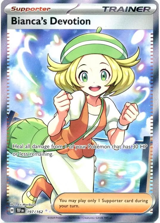 Bianca’s Devotion er et Ultra Rare kort fra Pokemon SV05 Temporal Forces serien. Kortet har nummer 197/162.
