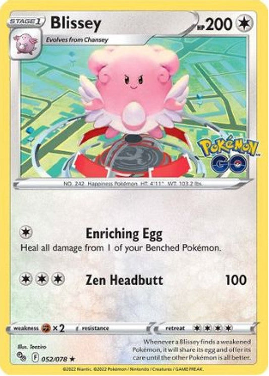 Blissey er et Holo (Cosmos Holo) kort fra Pokemon Go serien. Kortet har nummer 052/078.