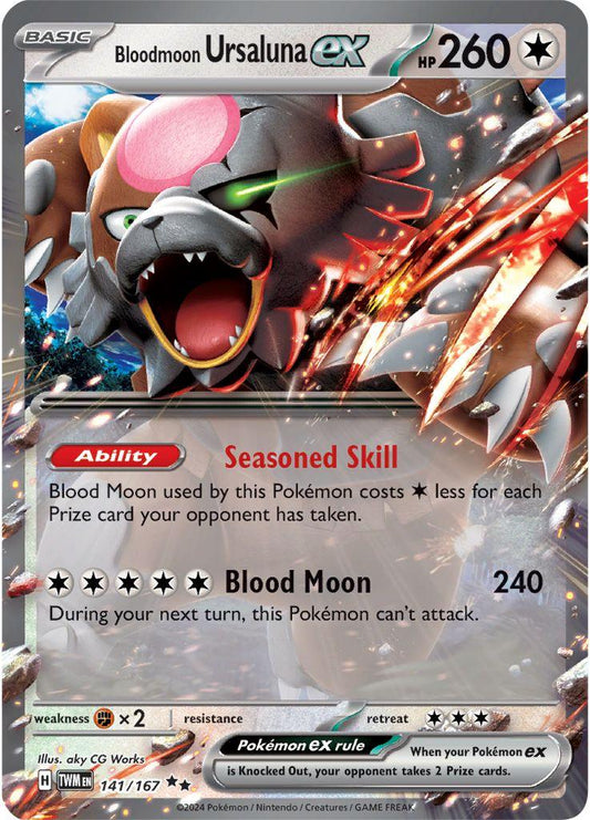 Bloodmoon Ursaluna ex er et Double Rare / Super Rare kort fra Pokemon SV06 Twilight Masquerade serien. Kortet har nummer 141/167.

