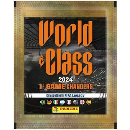 En booster pack med FIFA World Class 2024 Fodbold-Stickers (Klistermærker).