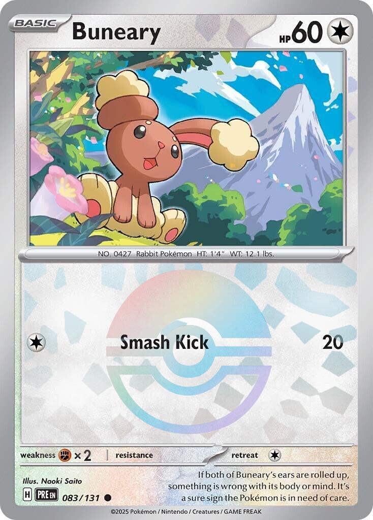 Buneary er Reverse Holo kort med Pokeball motiv fra SV08.5 Prismatic Evolutions serien. Kortet har nummer 083/131.