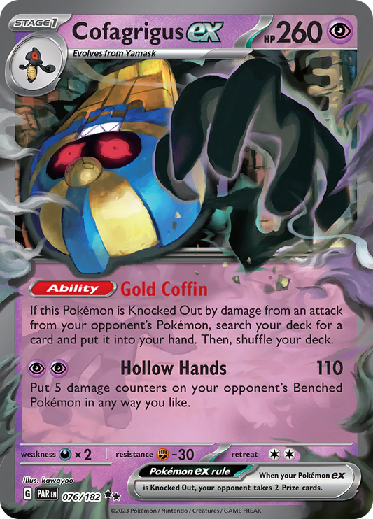 Cofagrigus ex er et Double Rare / Super Rare ex (SV) kort fra Pokemon SV04 Paradox Rift serien. Kortet har nummer 076/182. 