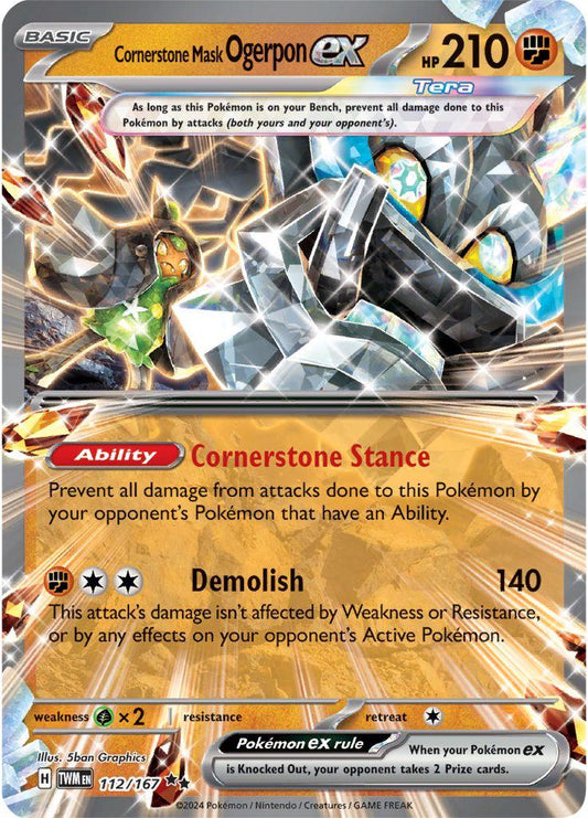 Cornerstone Mask Ogerpon ex er et Double Rare kort fra Pokemon SV06 Twilight Masquerade serien. Kortet har nummer 112/167.