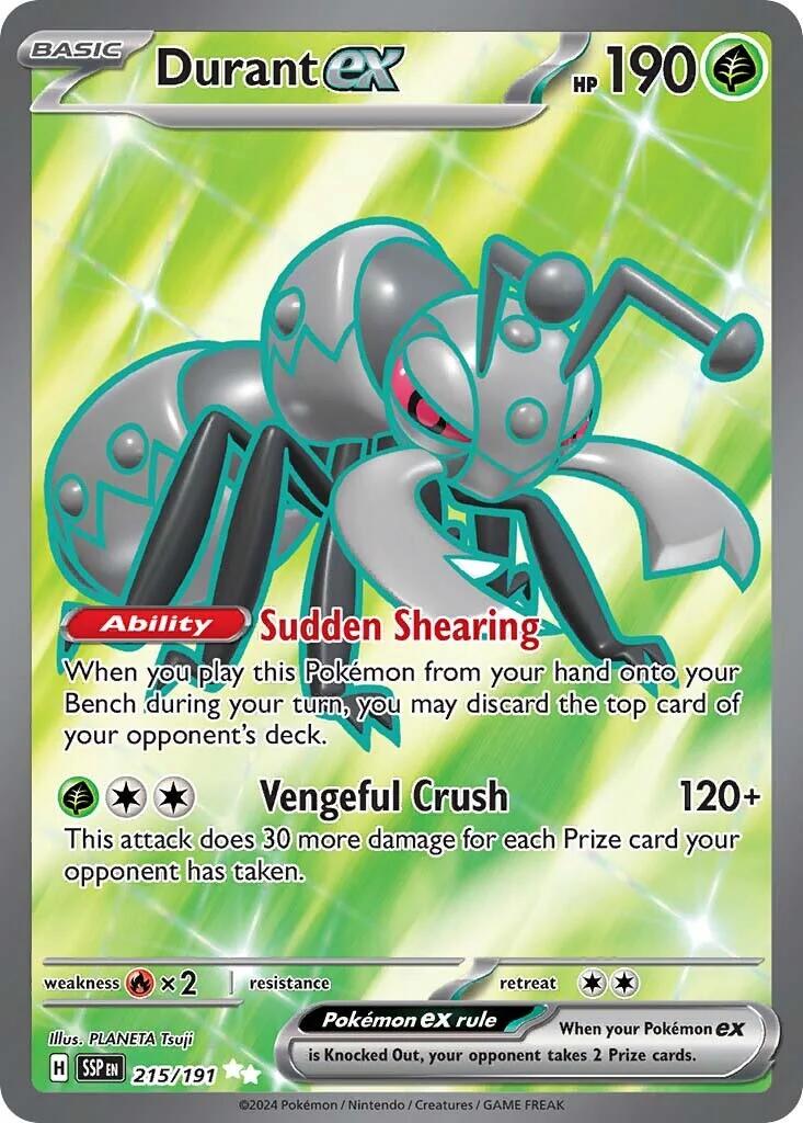 Durant ex er et Ultra Rare / Secret Rare kort fra Pokemon SV08 Surging Sparks serien.
Kortet har nummer 215/191.
