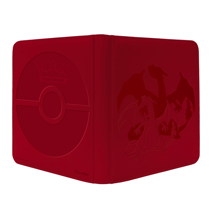 Elite Series Charizard PRO-Binder med 12 sidelæssende lommer pr. side, rød læderomslag med folieprint og lynlås. Opbevarer op til 480 Pokémon-kort.