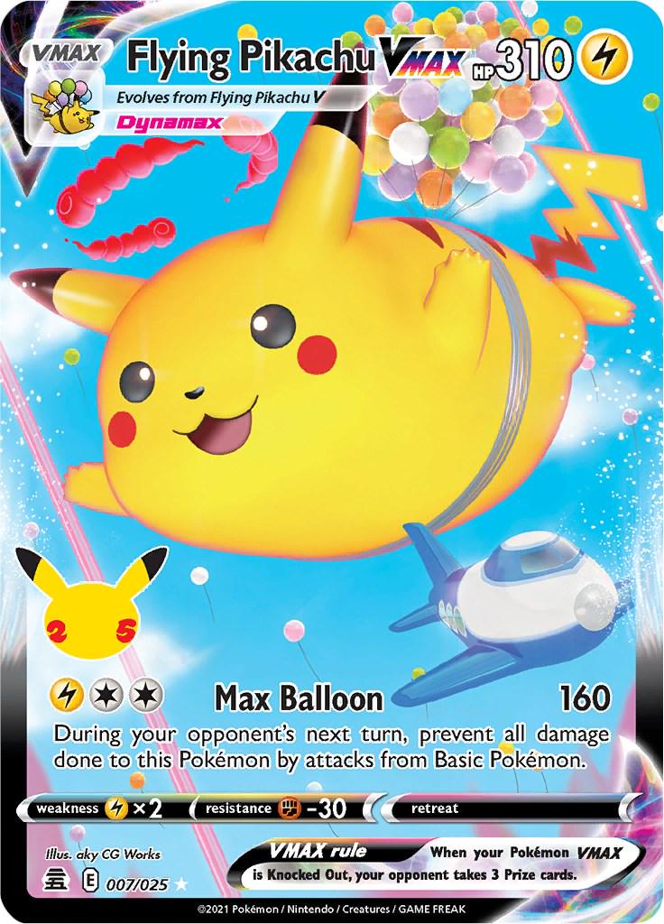 Flying Pikachu VMAX er et Ultra Rare VMAX kort fra Pokemon SWSH Celebrations serien. Kortet har nummer 007/025.