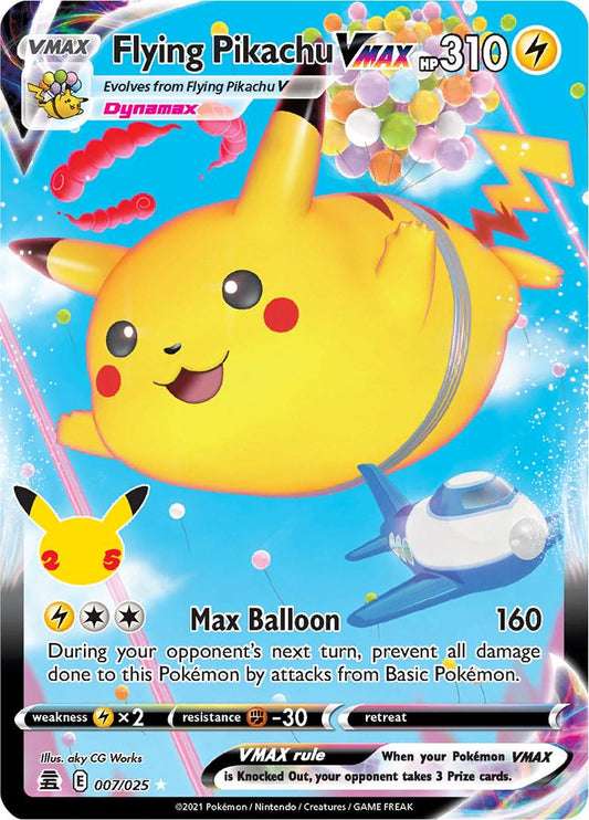 Flying Pikachu VMAX er et Ultra Rare VMAX kort fra Pokemon SWSH Celebrations serien. Kortet har nummer 007/025.
