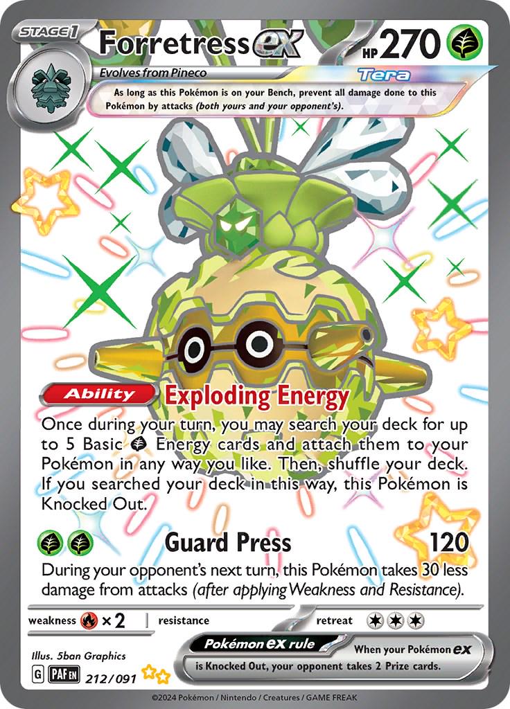 Forretress ex er et Shiny Ultra Rare / Ultra Rare ex kort fra Pokemon SV04.5 Paldean Fates serien. Kortet har nummer 212/091.