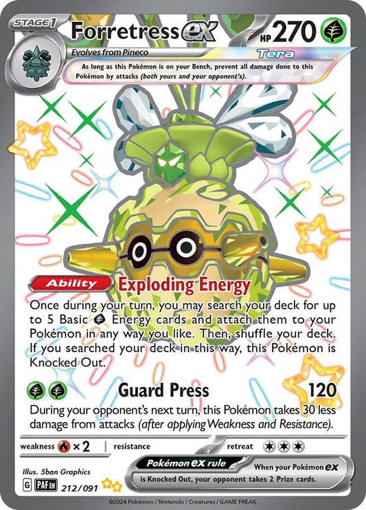Forretress ex er et Shiny Ultra Rare / Ultra Rare ex kort fra Pokemon SV04.5 Paldean Fates serien. Kortet har nummer 212/091.