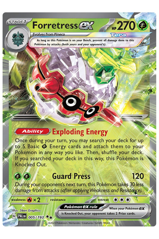 Forretress ex er et Double Rare / Super Rare kort fra Pokemon SV02 Paldea Evolved serien.
Kortet har nummer 005/193.