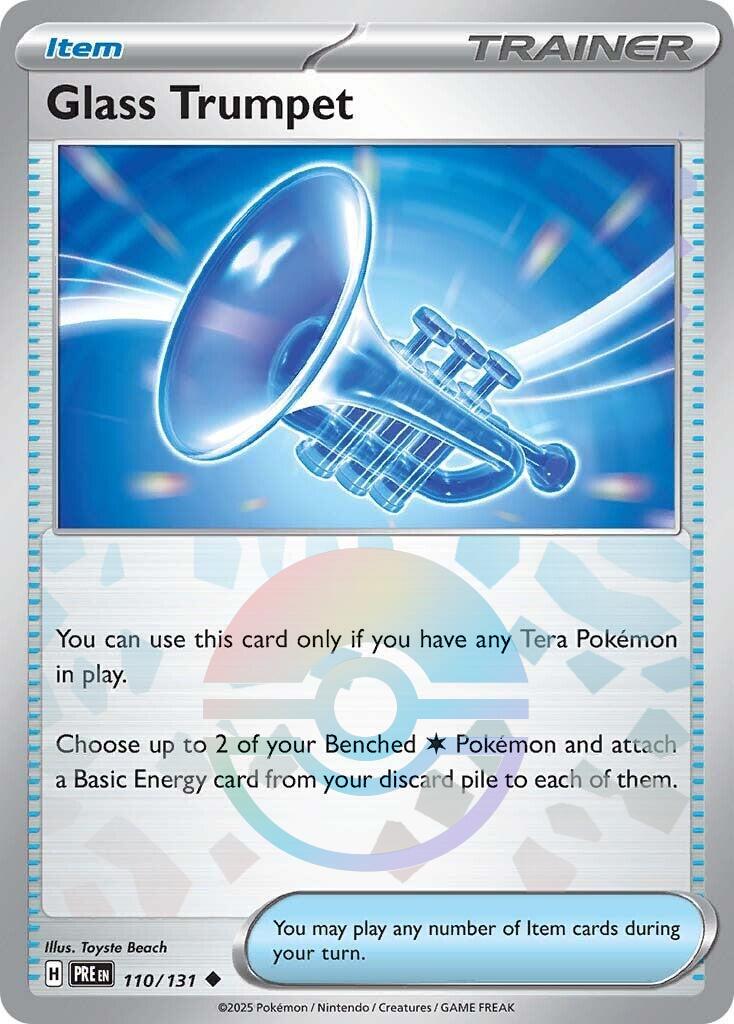Glass Trumpet er uncommon Reverse Holo kort med Pokeball motiv fra SV08.5 Prismatic Evolutions serien. Kortet har nummer 110/131.