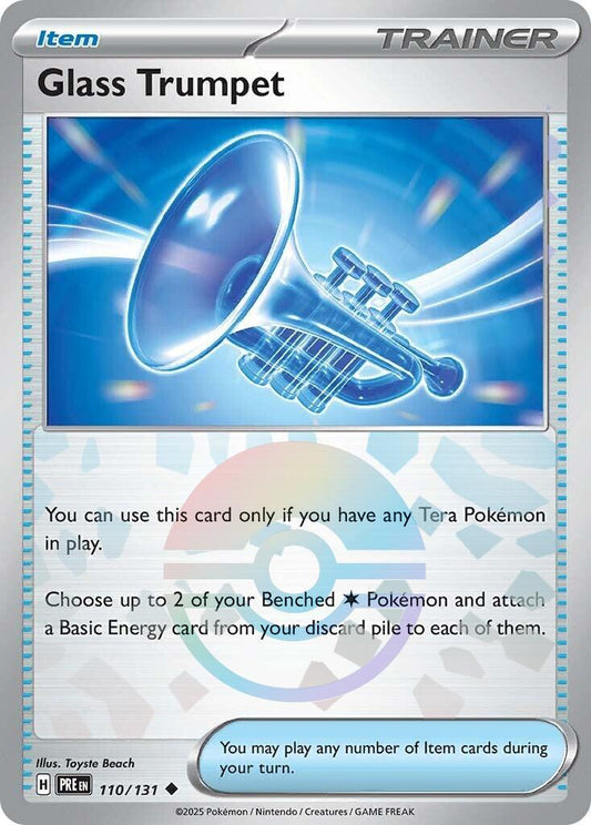 Glass Trumpet er uncommon Reverse Holo kort med Pokeball motiv fra SV08.5 Prismatic Evolutions serien. Kortet har nummer 110/131.