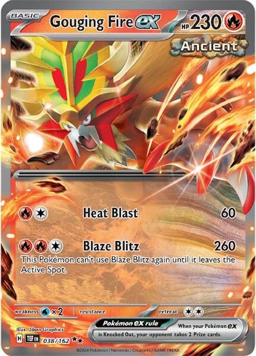 Gouging Fire ex er et Double Rare / Super Rare ex kort fra Pokemon SV05 Temporal Forces serien. Kortet har nummer 038/162.
