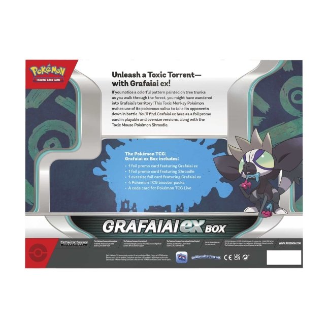 Pokémon Grafaiai ex Box 2024 med Grafaiai ex promo-kort og flere boosterpakker.