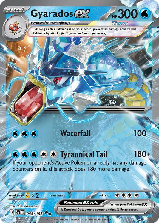 Gyarados ex er et Double Rare kort fra Pokemon Scarlet & Violet Base serien. Kortet har nummer 045/198.