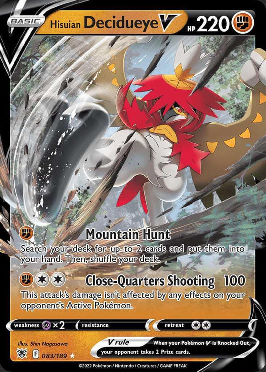 Hisuian Decidueye er V kort fra Pokemon Sword & Shield Astral Radiance serien. Kortet har nummer 083/189.