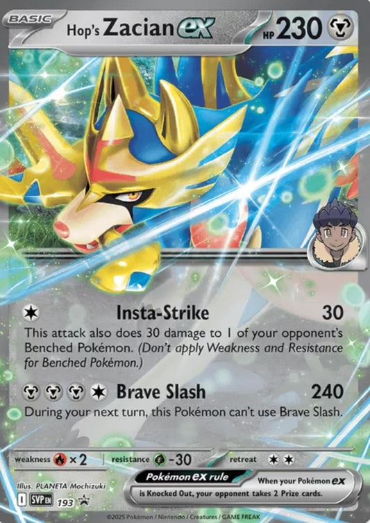 Hop’s Zacian er et Black Star Promokort udgivet i fra Pokemon SV09 Journey Together serien.