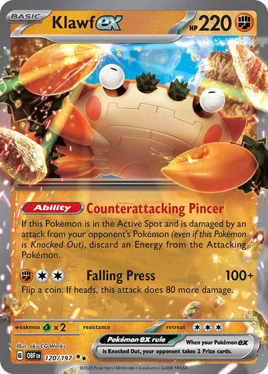 Klawf ex er et Double Rare / Super Rare kort fra Pokemon SV03 Obsidian Flames serien. Kortet har nummer 120/197.
